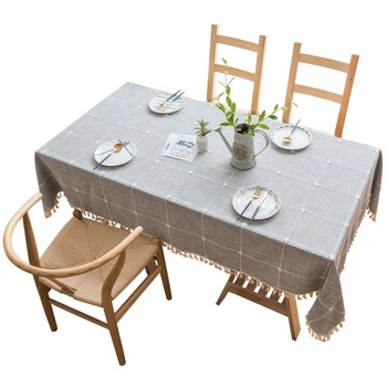 

Plaid Embroidered Simple Tablecloth Solid Color Cotton and Linen Small Fresh Fabric Tassel Rectangular Coffee Table Table
