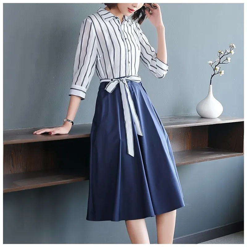 

High quality spring summer women dress elegant Patchwork striped shirt dress office ladies fashion slim bandage tunic dress