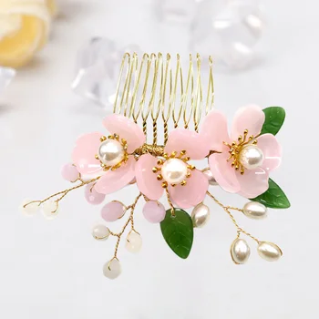 

1pc Hair Comb Pearl Inlaid Imitated Jade Flower Elegant Headwear Headdress Inserted Comb for Bride