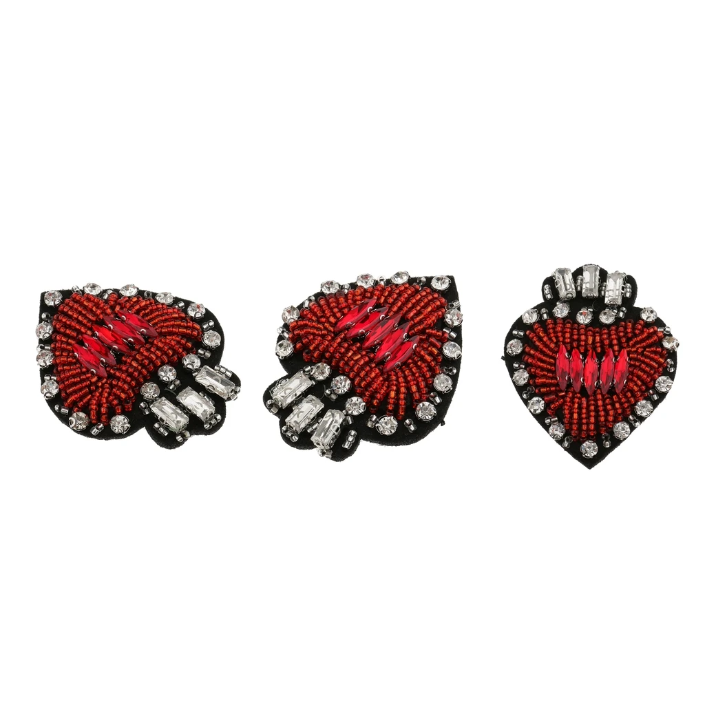 3Pcs Heart Design Applique Beaded Crystal Motifs Diamond Rhinestones Patches Sewing Apparel Accessories