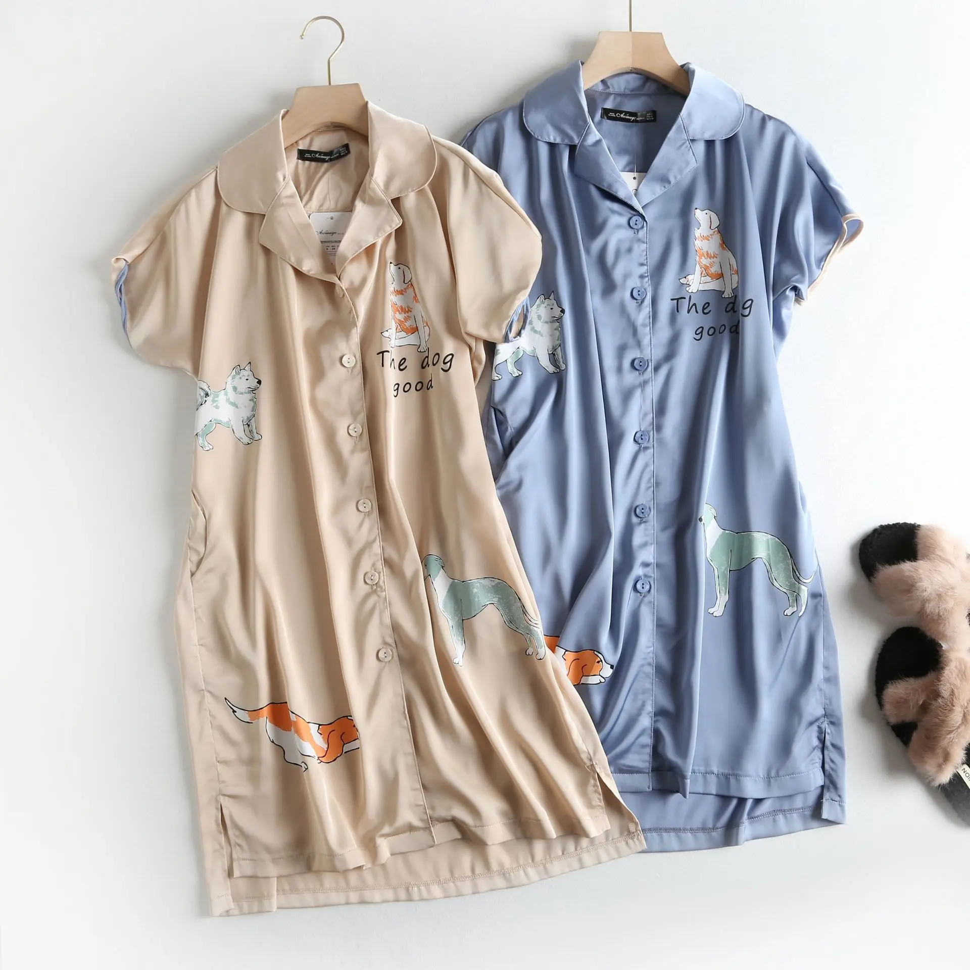 

Women Cute Puppy Print Dress Short Sleeve Mini Club Dresses Lady Bodycon Turn-down Collar Party Dress Vestdos