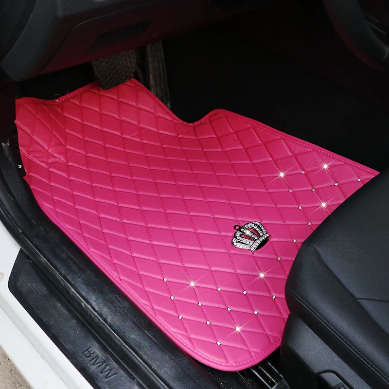 

Car Mats Floor Carpet for Women Leather Waterproof Pink Black Diamond Full Set Interior Accessories Bling Universal Use Crown