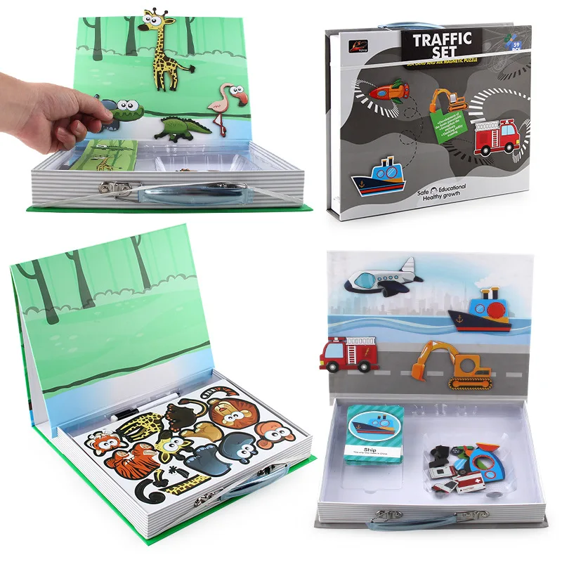 

Gift Box Children Early Childhood Educational Magnetic Jigsaw Puzzle Animal Traffic Magnetic Stickers Jigsaw Puzzle Creative DIY
