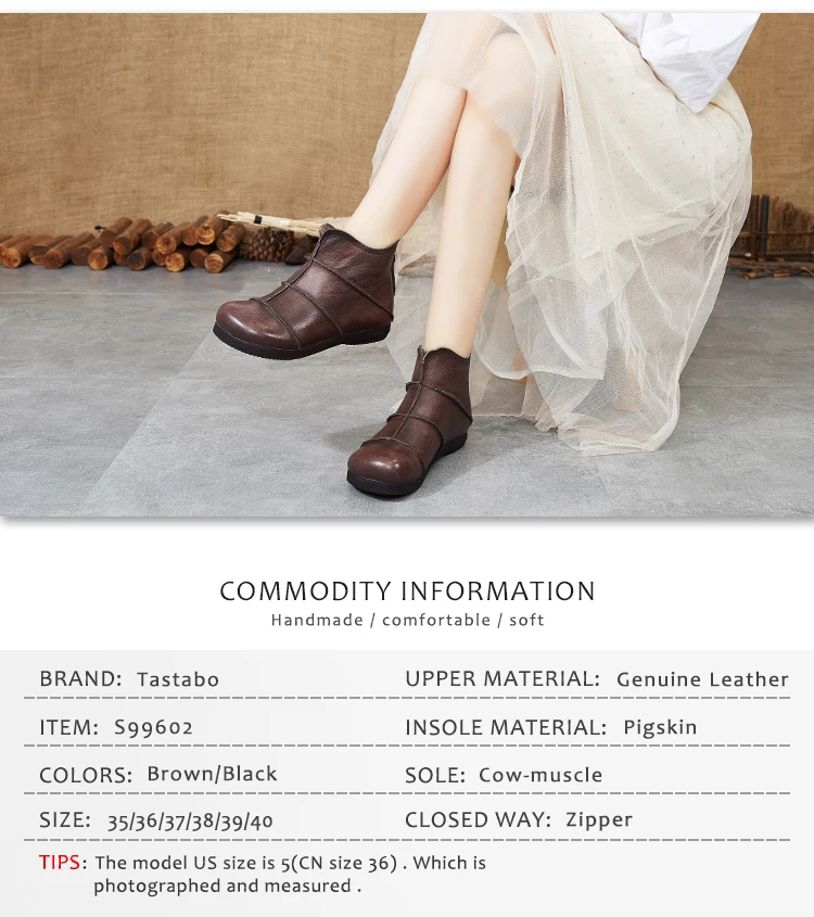 Tastabo Genuine Leather ladies ankle boots Vintage boots everyday Women's boots Brown Black S99602 Soft bottom Breathable lining