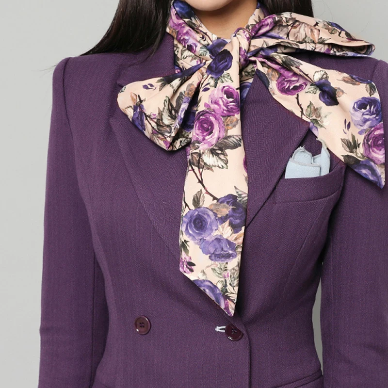 QoerliN Pants Suits Women Purple Long Sleeve Blazer Double Breasted Jacket Skinny Straight Pants Full Length 2 Piece Office Wear