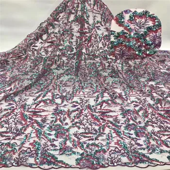 

2019 Latest African Tulle Lace Fabrics with 3d Sequins 5Yards Sequins Lace Fabric for Women Wedding Party Evening Dress