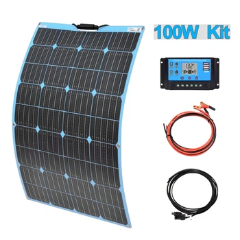 

100W Flexible Solar Panel with 12V 24V 10A Controller Solar Charger kits for RV Boat Home Roof Car Yacht Camping hiking battery