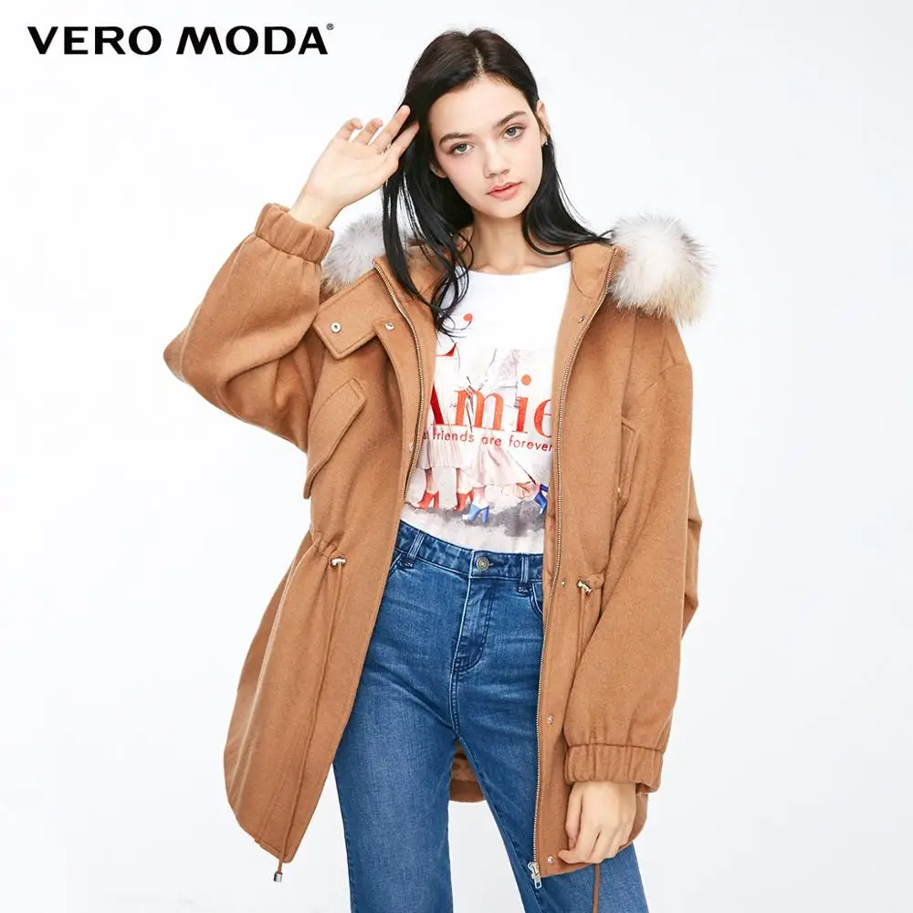 Vero Moda Женская Съемная енота с капюшоном шерстяное пальто парка пальто | 318327520 - Цвет: Caramel camel s