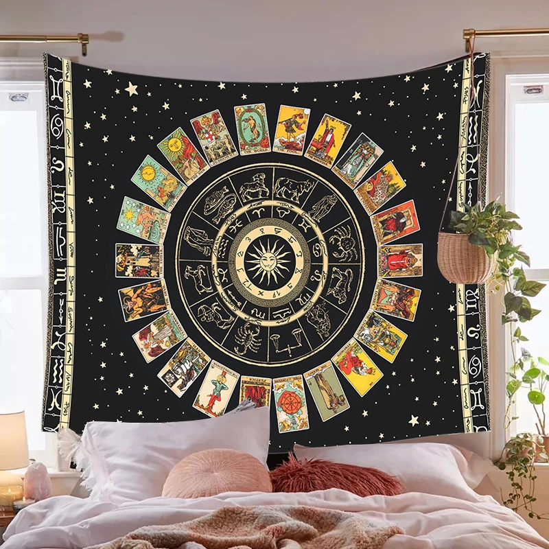 Mandala Tarot Card Tapestry Wheel of the Zodiac Astrology Chart & the Major Arcana Tarot Sun and Moon Wall Hanging Home Decor Tapestry Decorations