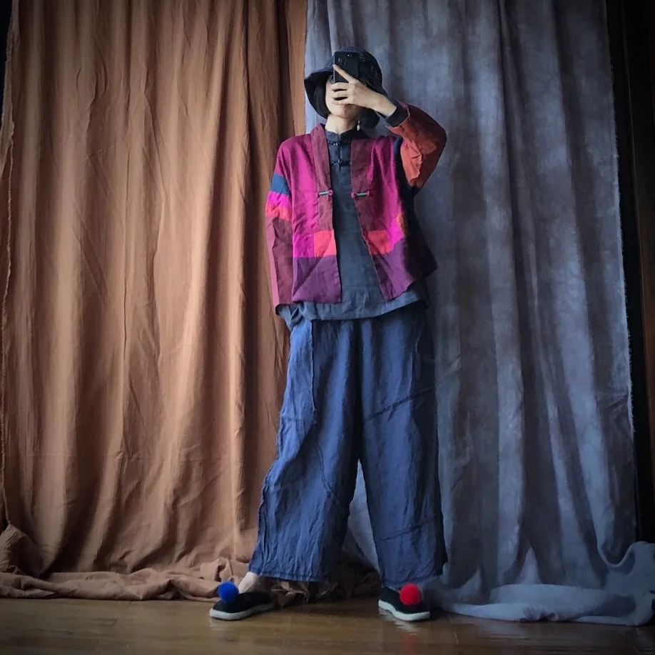 Johnature Patchwork 2020 Autumn New Women Pants Linen Elastic Waist Loose Vintage Ankle-Length Linen Casual Straight Pants
