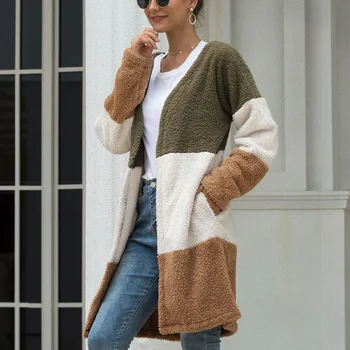 

Womens Boho Open Front Cardigan Thick Wool Lamb Colorblock Long Sleeve Loose Knit Lightweight Sweaters Outwear Pockets Dropship