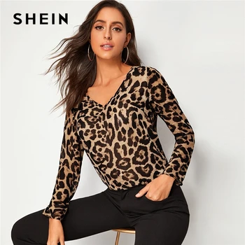 

SHEIN V Neck Leopard Print Casual Blouse Women Tops 2019 Autumn Fashion Multicolor Long Sleeve Basic Blouses For Office Ladies