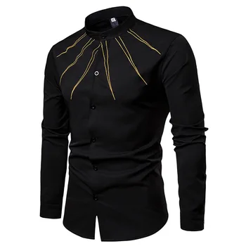 

2019 Spring New Ropa De Hombre Solid Casual Turn-down Collar Long Sleeve Fashion Chest Ray Gold Decoration Men Shirts