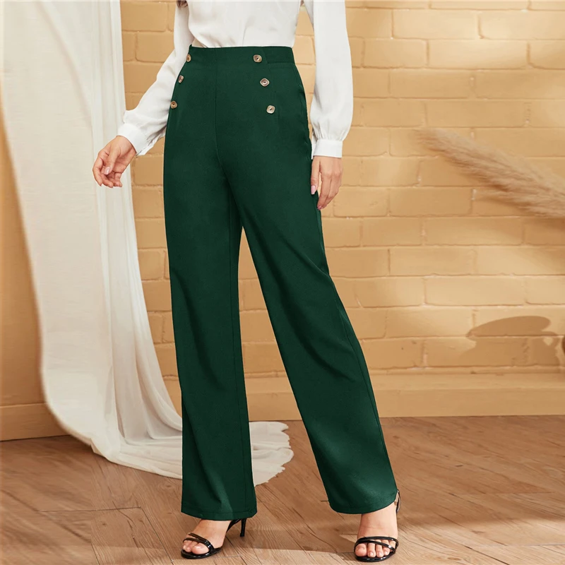 SHEIN Green двубортные прямые однотонные длинные брюки женские осенние с высокой талией прямые элегантные офисные платья Брюки