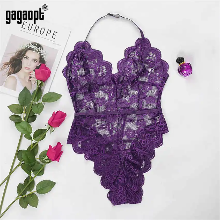 Gagaopt Lace Bodysuit Women Halter Floral Embroidery Bodysuit Backless Sexy Jumpsuit Overalls Sleepwear bodysuit top