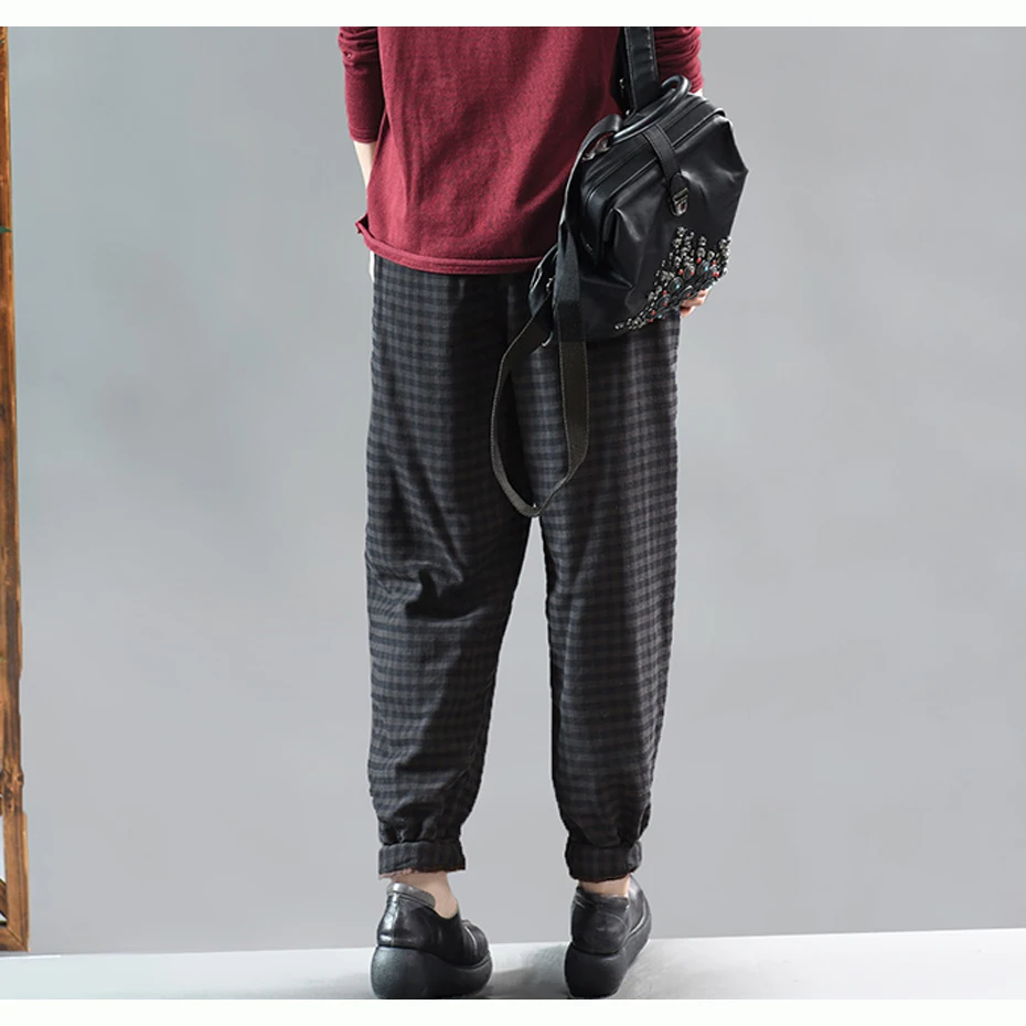 Женские штаны с хлопковой подкладкой, брюки, большие длинные свободные клетчатые Ретро Винтажные модные повседневные штаны для осени и зимы AZ69181721