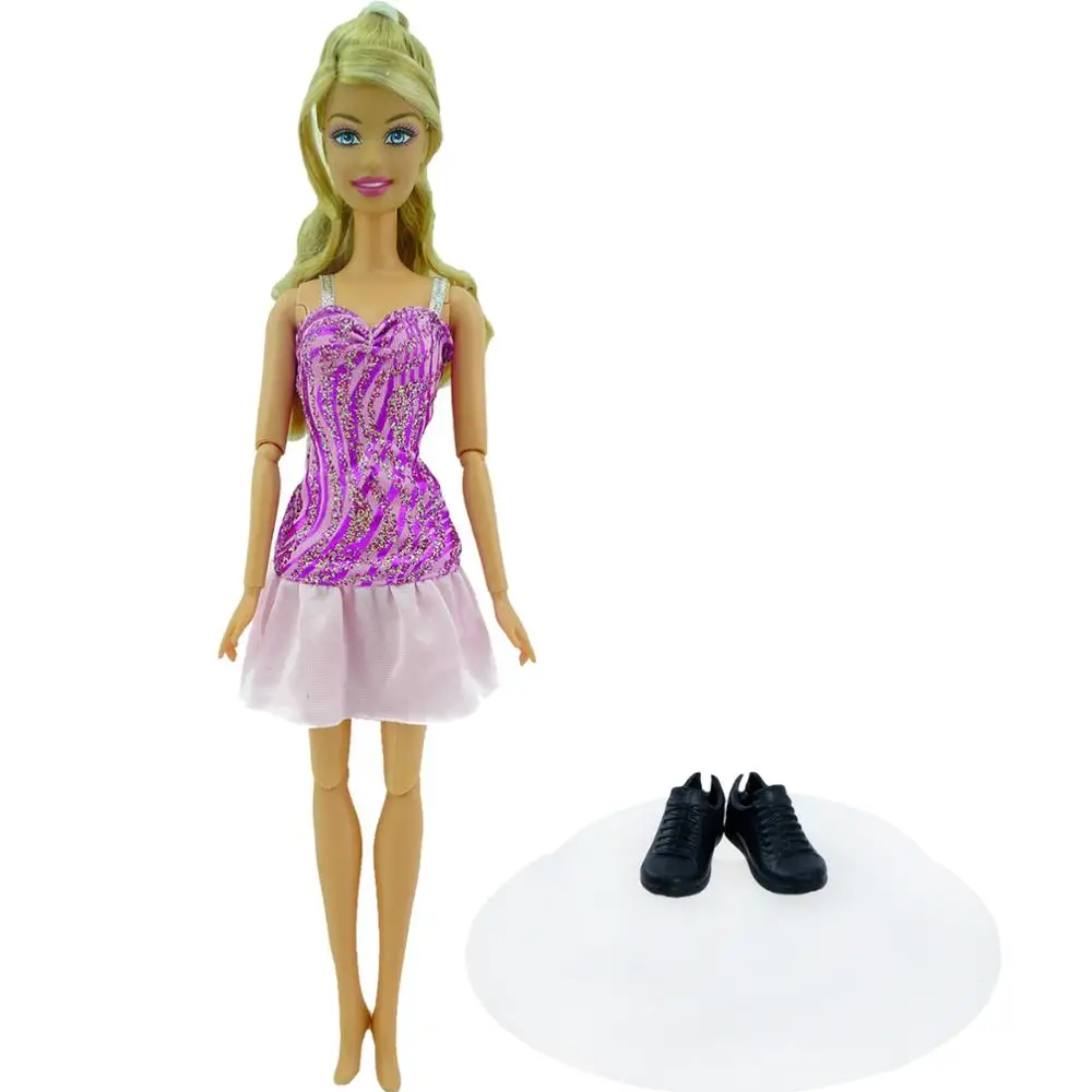 

2 Items = 1x High Quality Black Flat Shoes + 1x Handmade Stripe Short Mini Dress Braces Skirt Clothes for Barbie Doll Baby Toy