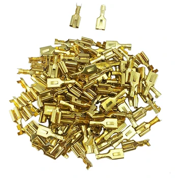 

100pcs/set Non-insulated 6.3mm Gold Brass Female Spade Quick Splice Crimp Terminals Connectors for 1-1.5mm2 Electric Cable Wire