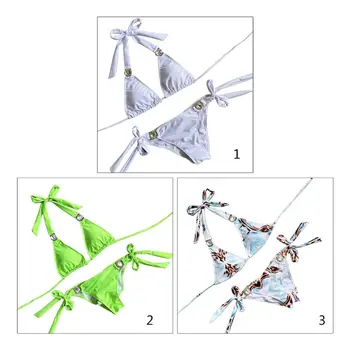 

Lady Summer Sexy Bikini Set Halter Rhinestone Triangle Bra Side Tie Bandage Bottoms Swimsuit Solid Color Leopard Bathing Suit