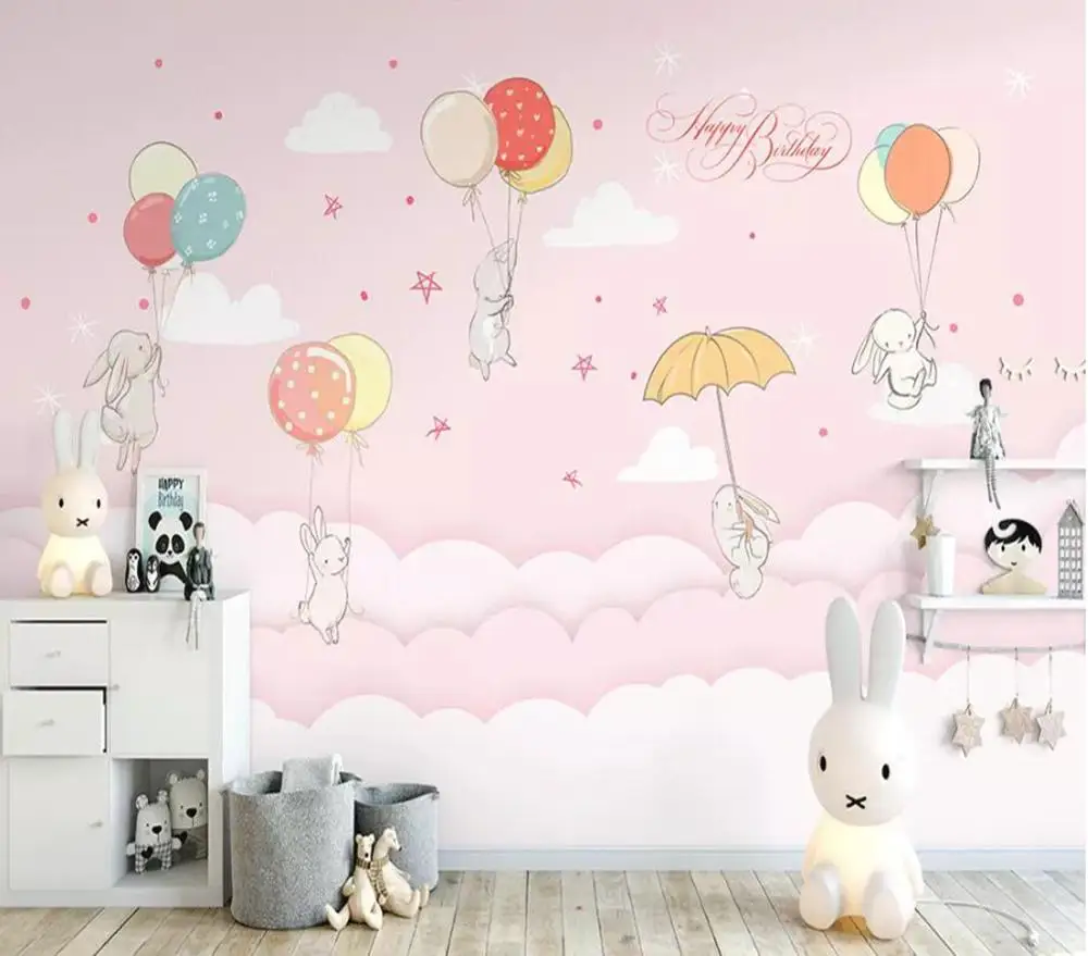 

Milofi custom 3D wallpaper mural hand-painted small fresh cloud rabbit children's room background wall decoration wallpaper mura