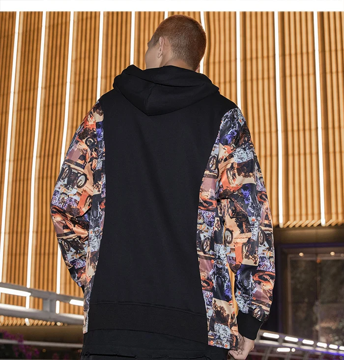 AELFRIC Patchwork Motorcycle Printed Casual Men Hooded Sweatshirts Streetwear Harajuku Pullover Autumn Hip Hop Male Hoodies
