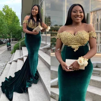 

Thinyfull Green Velvet Mermaid Off Shoulder Evening Dress Gold Lace Appliques African Plus Size Prom Dress Robe De Soiree Cheap