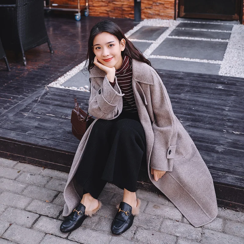 Photo Shoot Autumn& Winter New Style Duffle Coat Korean-style Loose-Fit Lace-up Mid-length Herringbone Woolen Jacket Women
