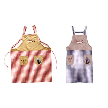 

2x Embroidery Apron Plaid Women Bowknot Kitchen Chef Apron Dress with Pocket Gifts Shoulder Strap Style Red & Purple