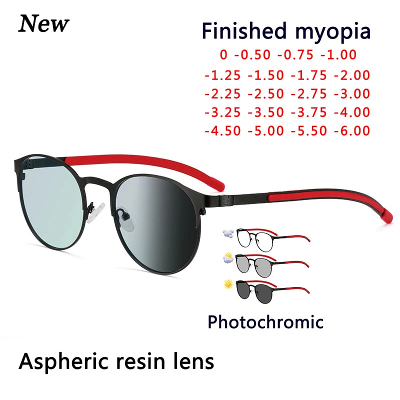 New Photochromism Eyeglasses Retro Round Alloy Frame Myopia Glasses Outdoor UV Protection Diopter -0.5 -1.0 -1.5 -2.0 To -6.0 | Аксессуары