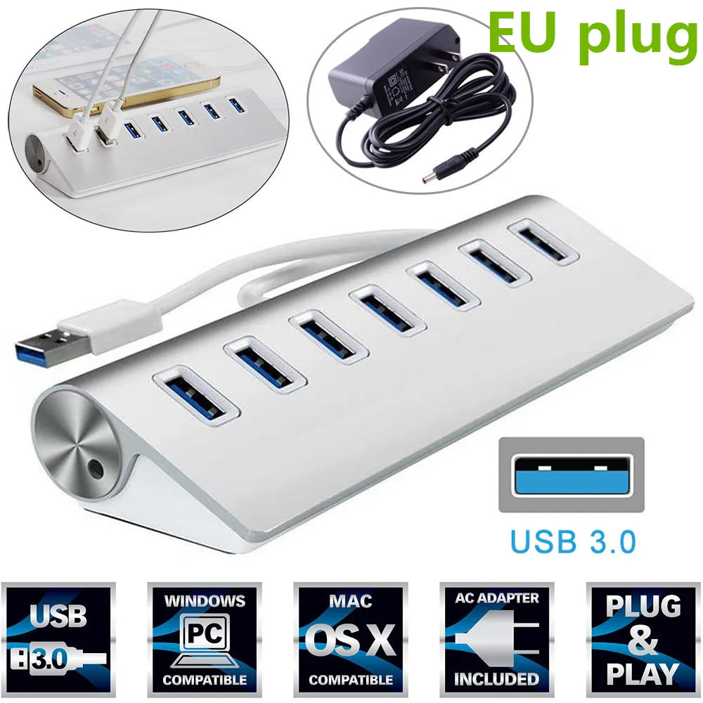7 port HUB with EU USB 3,0 концентратор 7 Алюминиевый порт 5 Гбит/с высокоскоростная док-станция с адаптером переменного тока Поддержка Usb 2,0 для MacBook для ПК ноутбука компьютера - Цвет: 7 port HUB with EU
