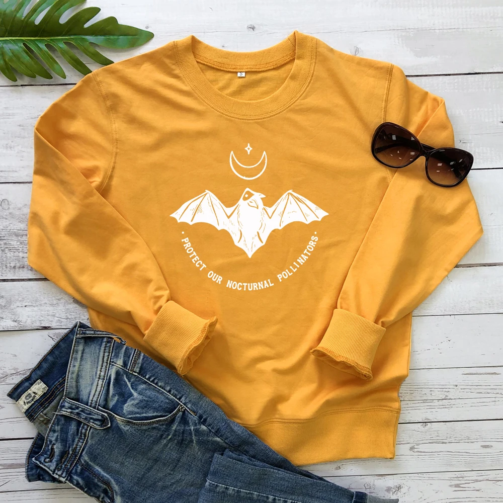 yellow-white text Защитите наши ночные поллинаторы эко толстовка модная звезда Луна с принтом летучей мыши веганские пуловеры женские графические толстовки Топы - Цвет: yellow-white text