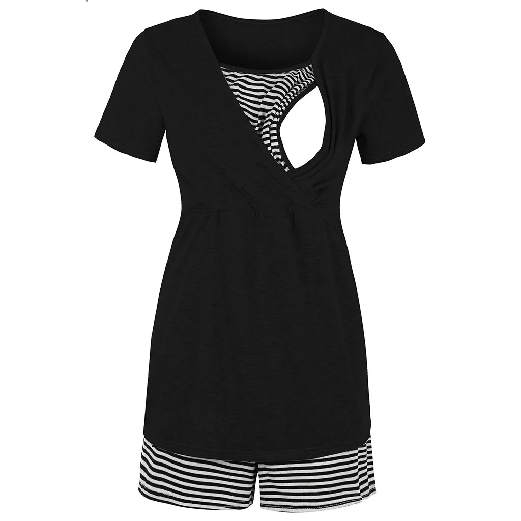 SAGACE Maternity set Fashion Summer Nightgowns Pajamas For Pregnant Women Home Clothes Breastfeeding Striped Shorts Pajamas Suit