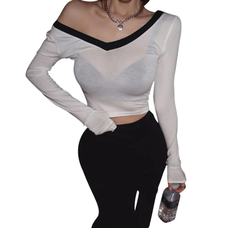 

Spring and Autumn Fashion Europe and the United States Long Sleeve Sexy Slim Big V-neck Short Slightly Charming T-shirt S NN