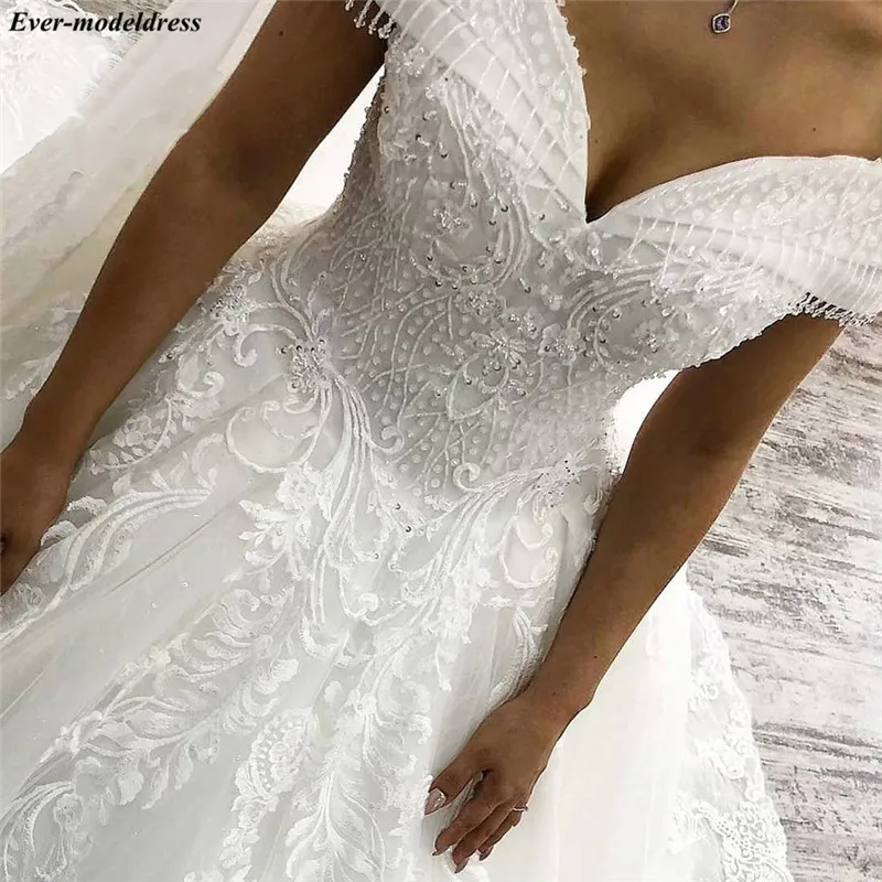 Vestido De Noiva кружевные Роскошные свадебные платья с открытыми плечами с аппликацией из бисера блестящие бальные платья свадебные платья