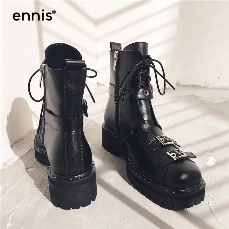 ENNIS/Брендовые женские ботильоны из натуральной кожи; ботинки на шнуровке; ботинки в готическом стиле в стиле панк на платформе; Ботинки Martin с черной пряжкой; Новинка; A9238