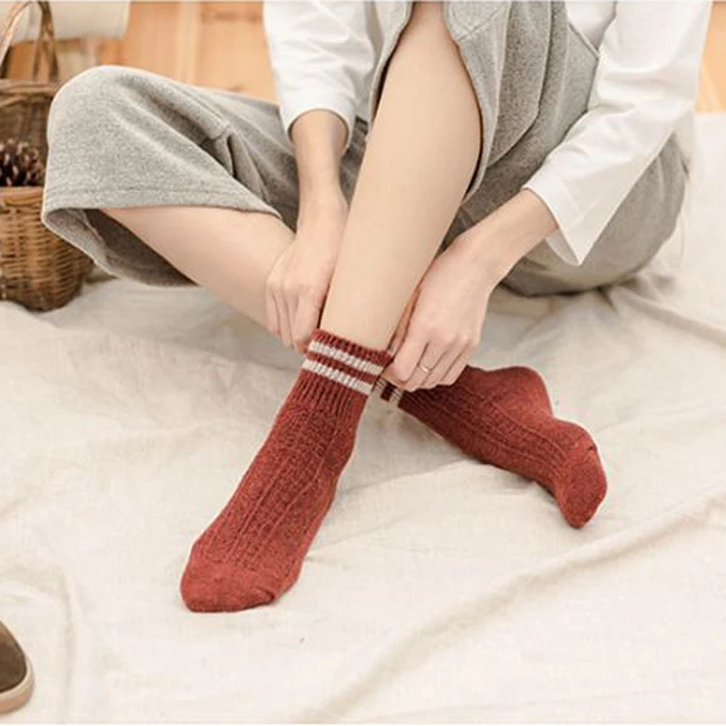 Зимние теплые короткие носки, женские вязаные теплые носки, Дизайнерские однотонные полосатые носки, Chaussette Homme, зимние теплые носки, Femal Sokken