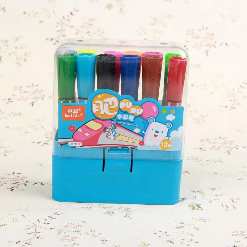 ZHENCAI Chubby 12 Colors Hexagonal Short Rod Cartoon Watercolor Pen Children Graffiti Color Paintbrush Set B65
