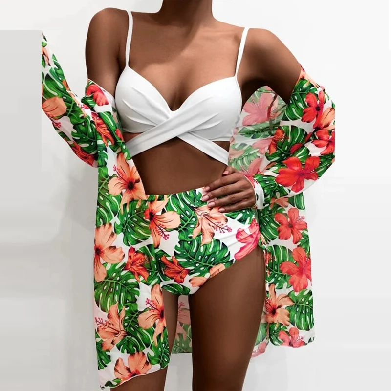 Conjunto de Bikini de 3 piezas para mujer, bañador Sexy con sujetador de tirantes + cárdigan, traje de baño con estampado informal para mujer 2021