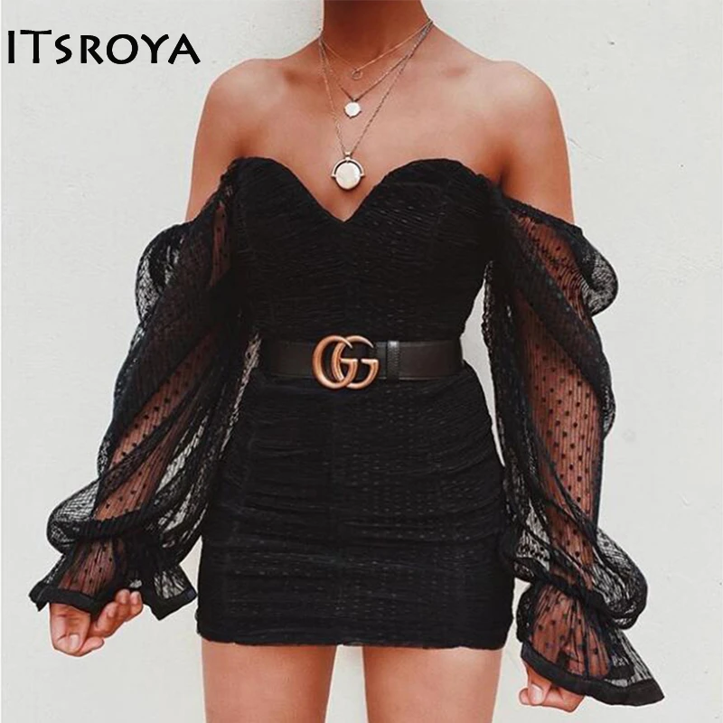 ITSROYA сексуальное платье с открытыми плечами женское Сетчатое в горошек рюшами