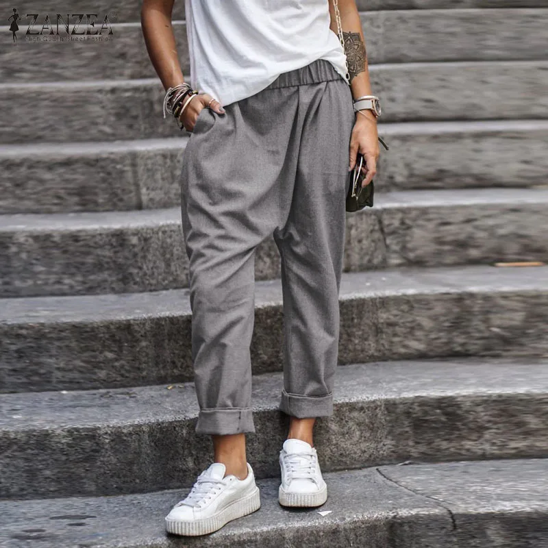 

ZANZEA Women Drop-Crotch Pants 2020 Fashion Office Lady Work Long Trousers Loose Pockets Elastic Waist Streetwear Pantalon 5XL