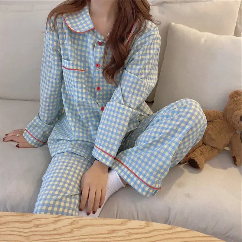 

2020 Women Pajamas Sets with Pants Long Sleeve Turn-down Collar with Pocket Pyjama Cute Button Tops+Pants Pijama Sleepwear