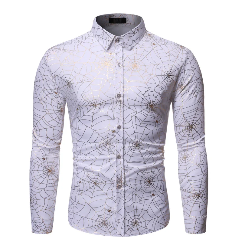 Золото паутина Фольга рубашка с принтом Для мужчин Camisa Masculina брендовая приталенная одежда с длинным рукавом, Мужская одежда, рубашки, черные социальные рубашки мужские