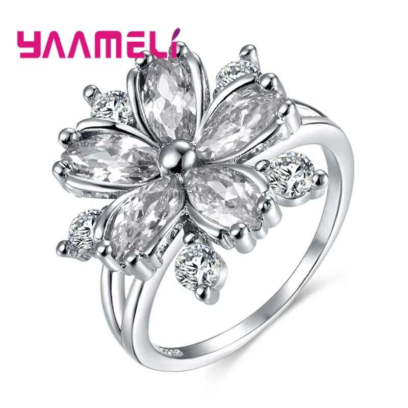 Women Ring 925 Sterling Silver Garden Flower Ring for Birthday Valentine's Day Gift Jewelry Shiny Rhinestone Zicon Bague Bijou