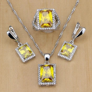 

Square 925 Sterling Silver Jewelry Light Yellow Cubic Zirconia Jewelry Sets For Women Party Earrings/Pendant/Necklace/Rings