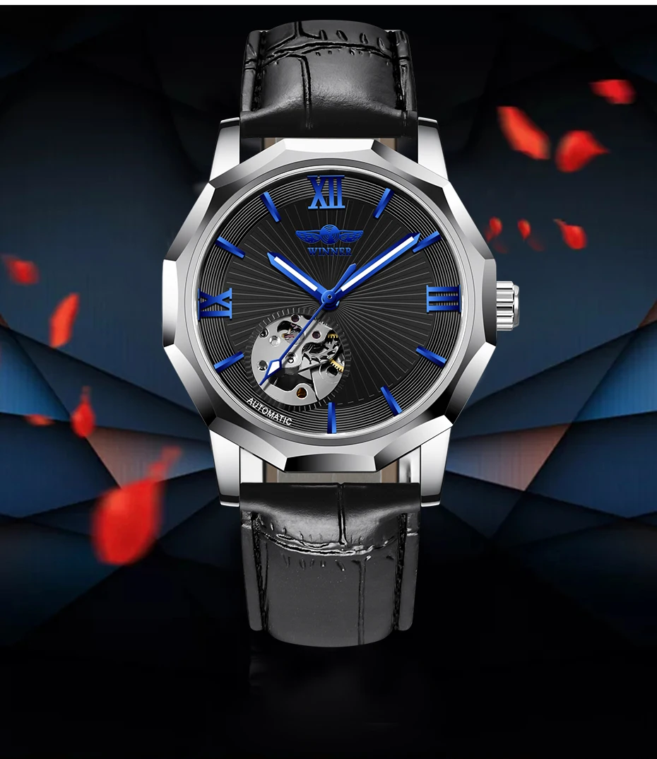 Высокое качество WINNER Мужские автоматические механические часы синий океан геометрические дизайн Прозрачный Скелет циферблат Мужские светящиеся часы