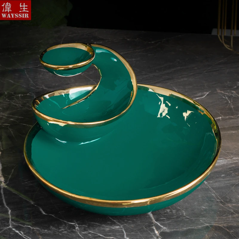 

Nordic Green Light Luxury Multi-layer Ceramics Fruit Plate Household Nut Dessert Dish Snack Gold Rim Spiral Platter
