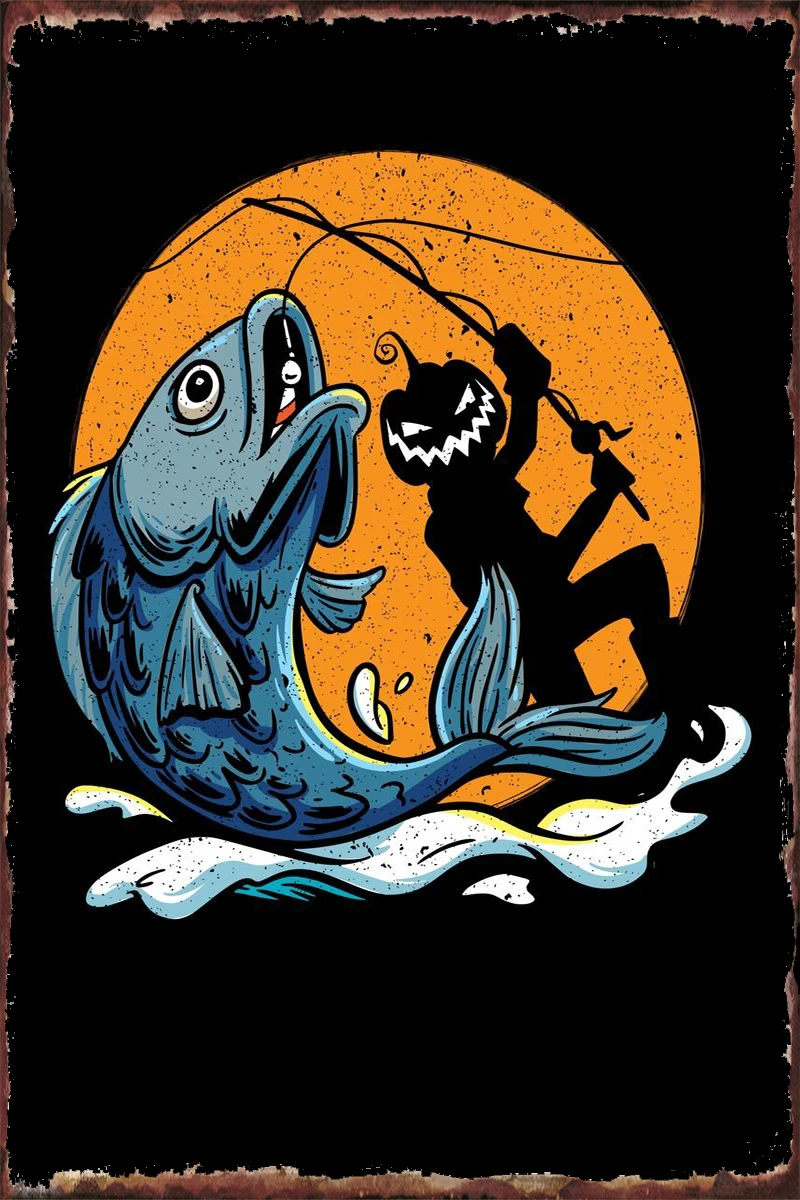 Halloween Fishing Retro Vintage Metal Sign Tin Plates Wall Decor Room Decoration For Art Club Man Cave Cafe Pub Home | Дом и сад