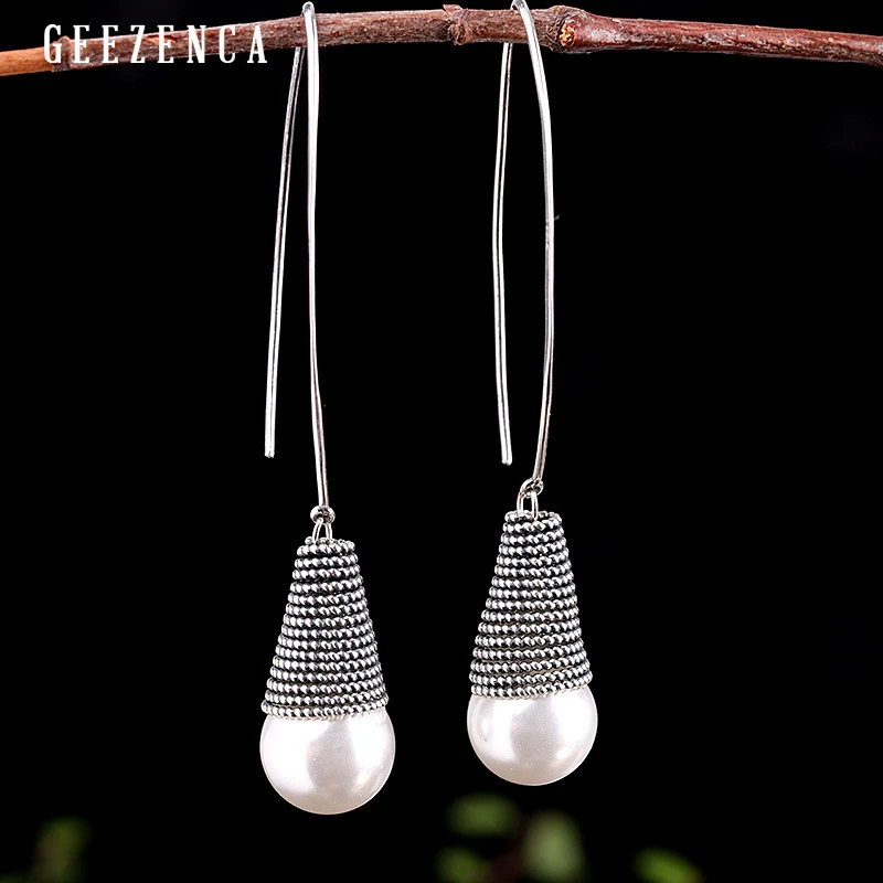

925 Sterling Silver Shell Pearl Drop Earring Trendy Vintage Handmade Thai Silver Dangle Earrings Fine Jewelry Women