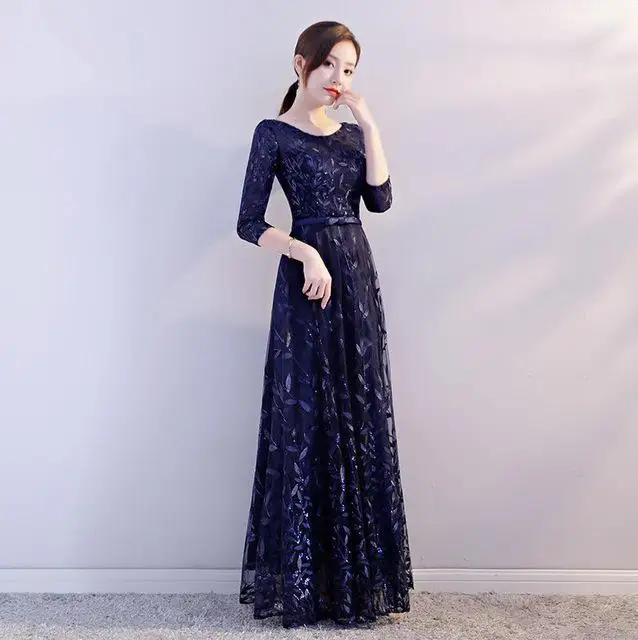 Классический Ципао шоу на сцене элегантный для женщин длина до пола Cheongsam представление платья большой размер 3XL Китайская одежда с блестками - Цвет: Navy Blue