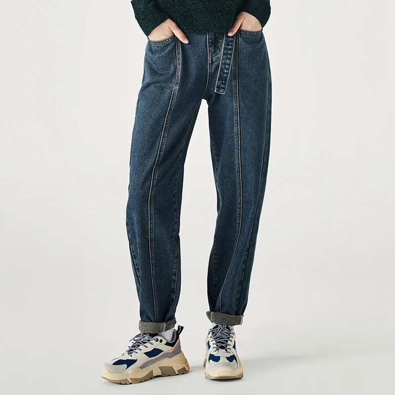 SEMIR джинсы с высокой талией женские свободные элегантные брюки Зимние новые длинные штаны тонкие пушистые зауженные джинсы для женщин - Цвет: blue
